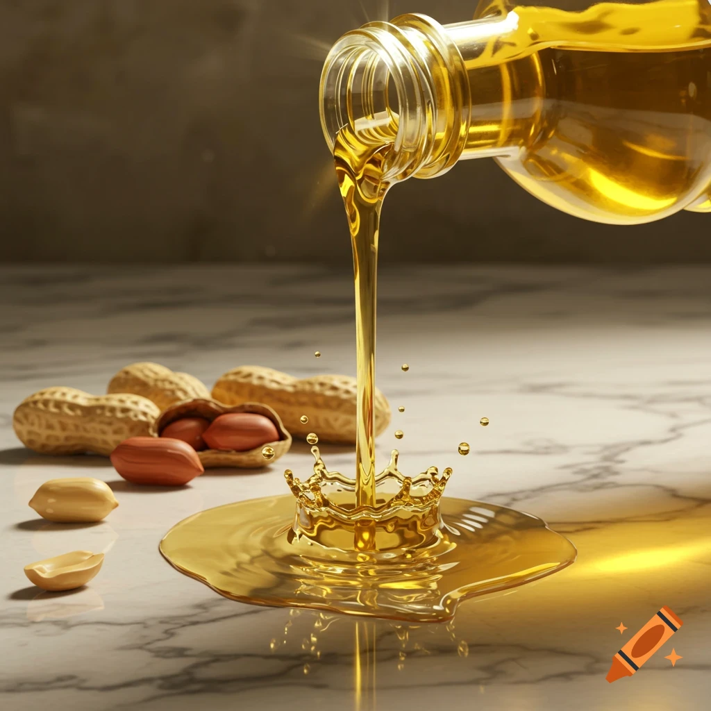 Photorealistic image of peanut oil pouring from a bottle onto a marble surface with peanuts scattered around.
