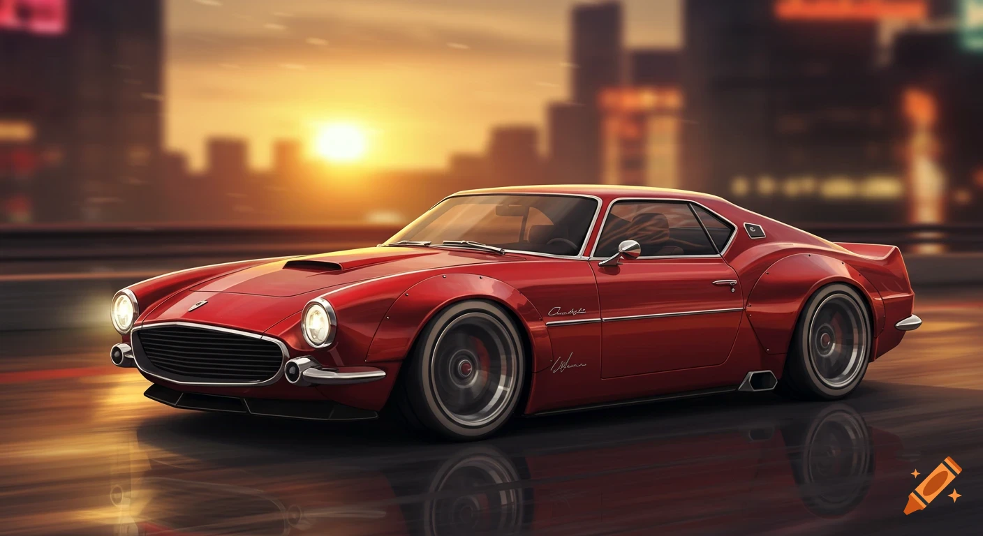 A red widebody prototype car with vintage styling speeds along a road with a city skyline at sunset.