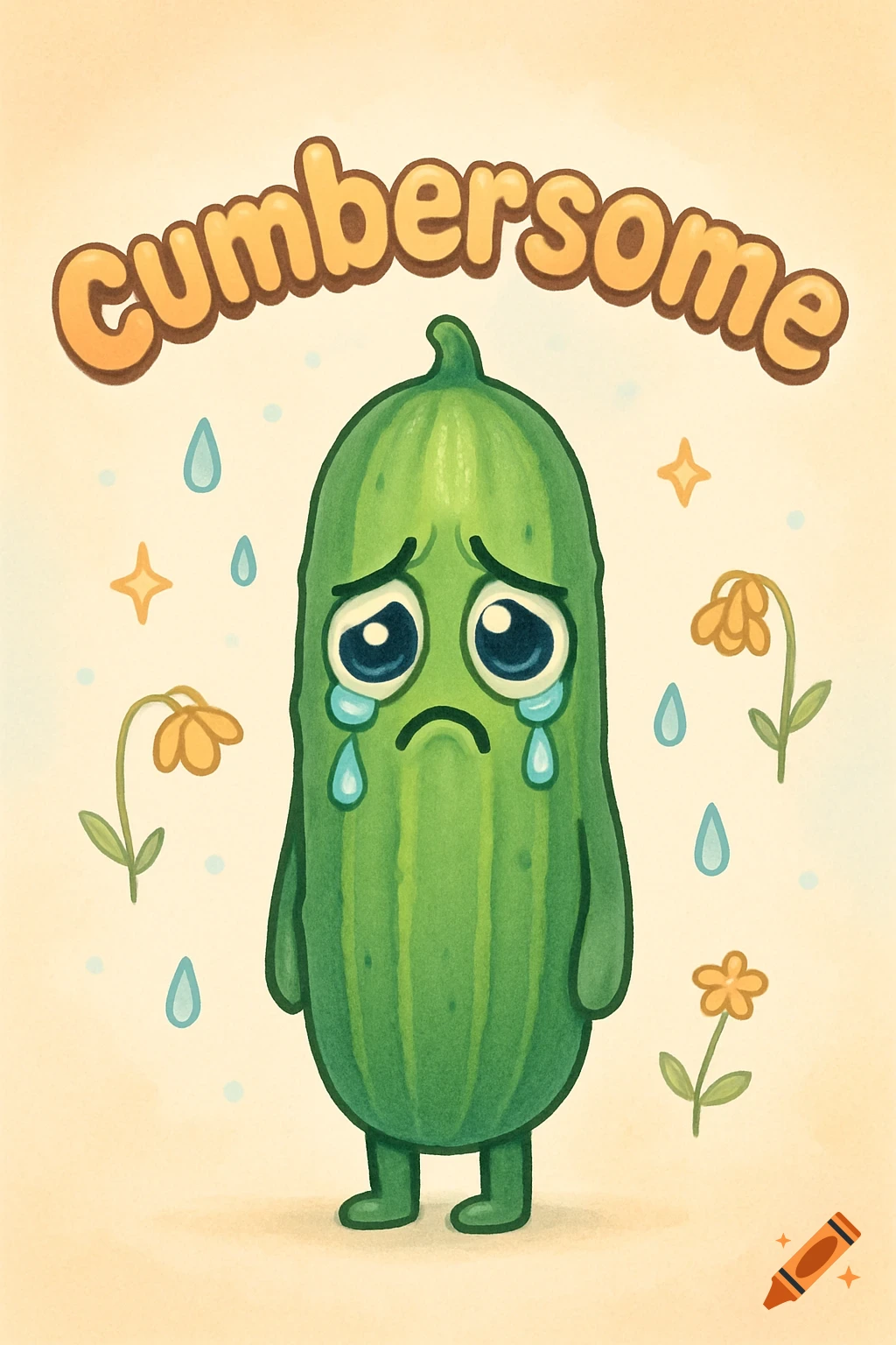 A sad cartoon cucumber with big teary eyes stands beneath the word 'cumbersome', surrounded by flowers and sparkles, in an illustration style.