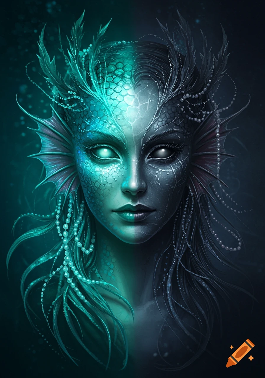 Close-up digital art portrait of a mythical creature's face, half teal scaled with glowing green eyes, half dark scaled with white eyes, adorned with pearls and fins.