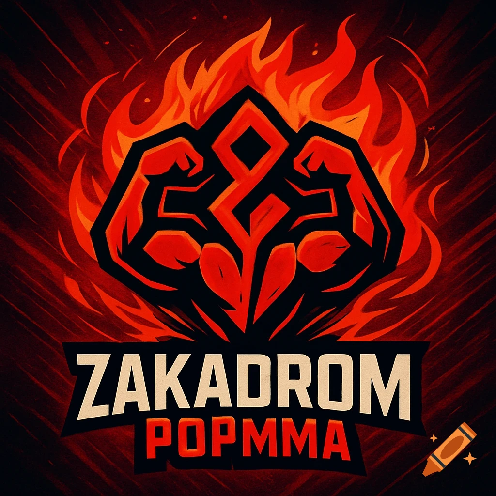 Stylized logo featuring a black figure with flexing arms surrounded by red and orange flames, with 'ZAKADROM' and 'POP MMA' text.