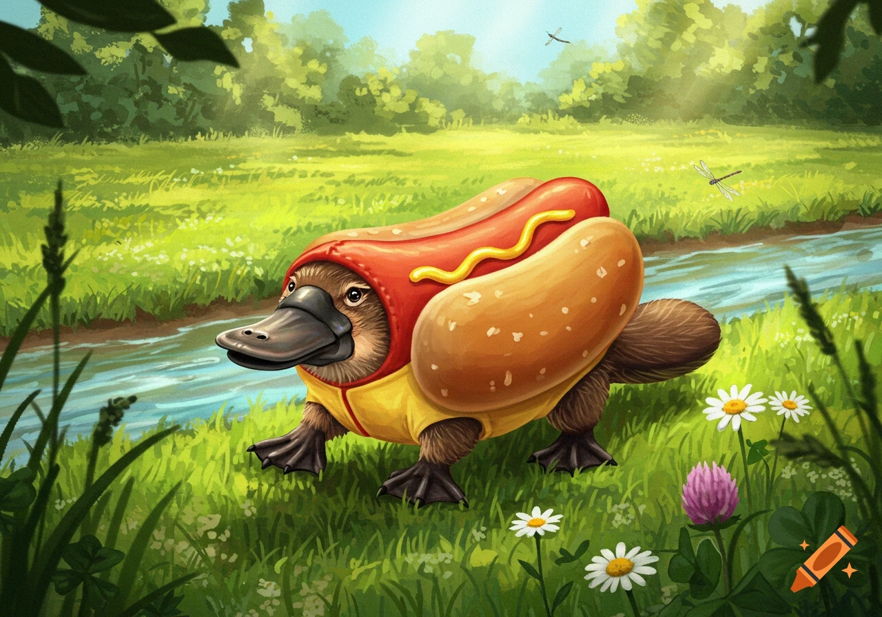 Cartoon illustration of a platypus wearing a hotdog costume with mustard, standing in a sunny, green meadow by a river.