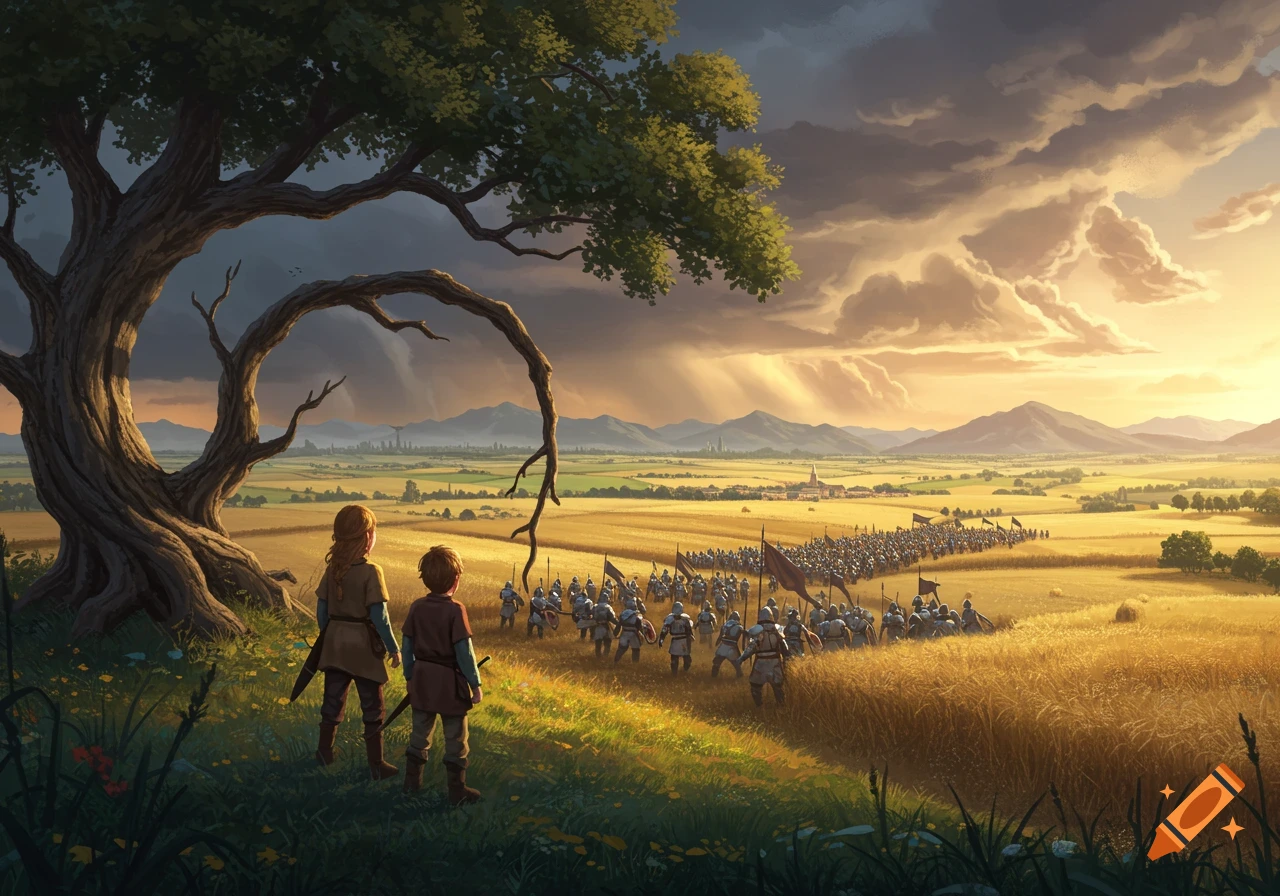 Two children stand by a gnarled tree, overlooking a vast army marching through golden farmlands under a dramatic sky.