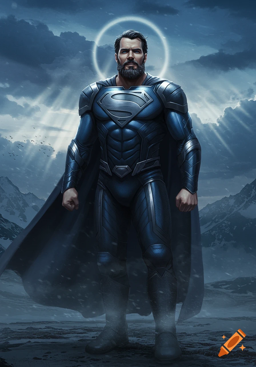 Bearded Superman in dark blue and silver armor stands on a snowy mountain under a dramatic cloudy sky with light rays.