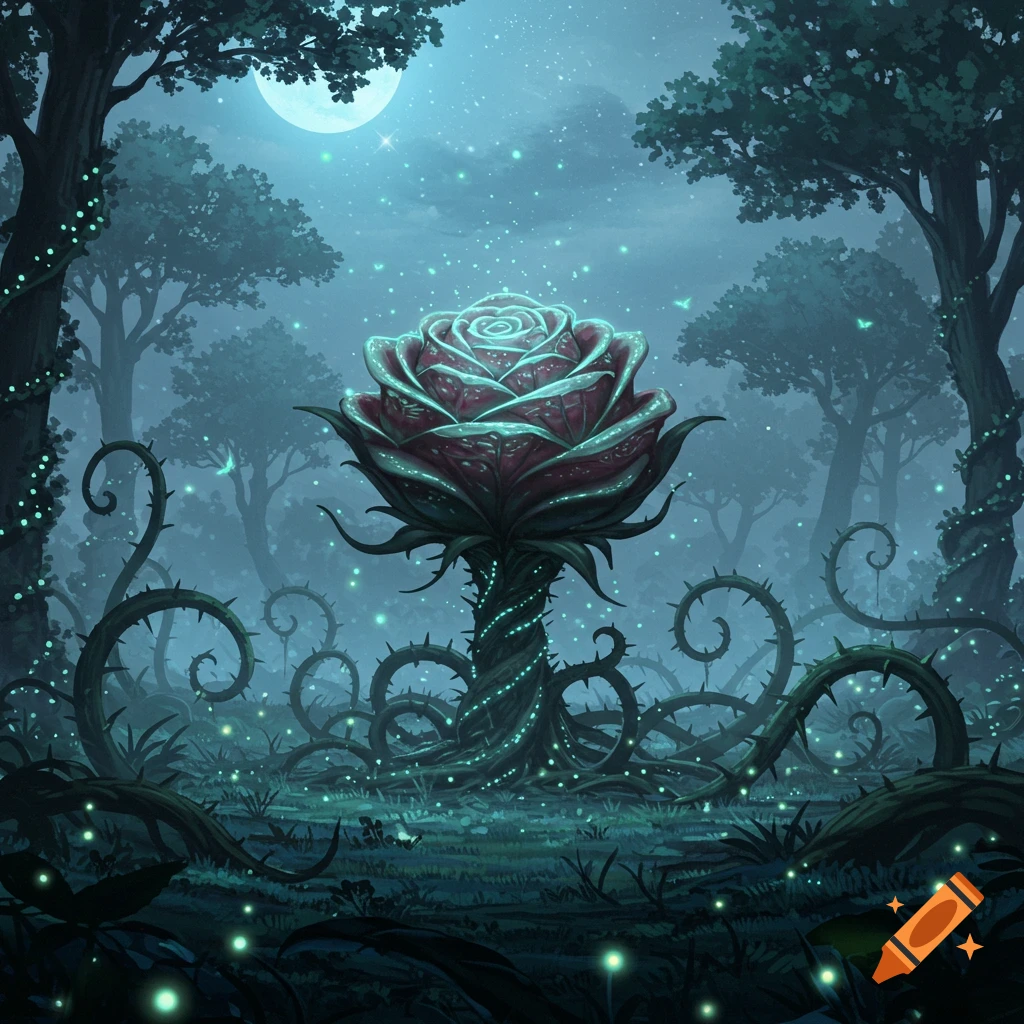 A large, glowing rosebud plant with thorny vines in a moonlit, mystical alien forest clearing.