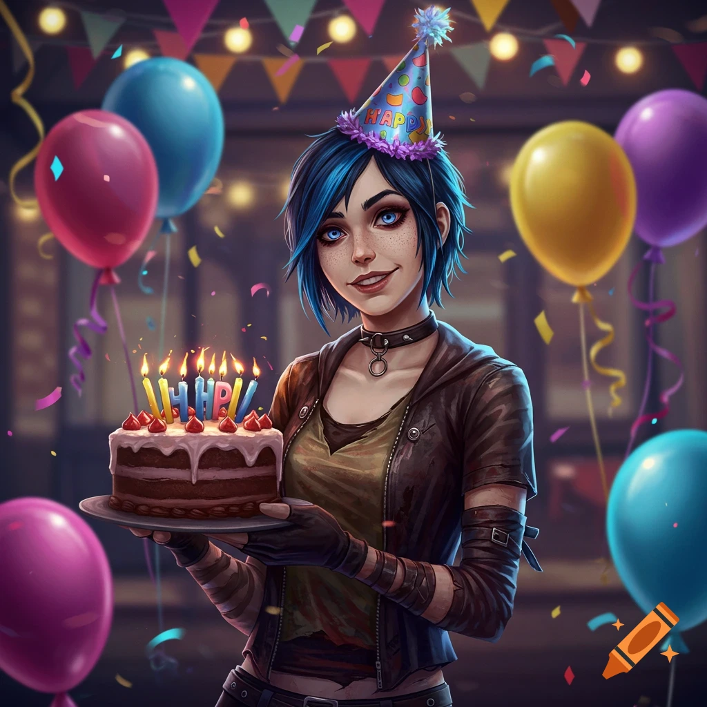 Anime-style character with blue hair holding a birthday cake with lit candles, wearing a party hat, surrounded by balloons and confetti.