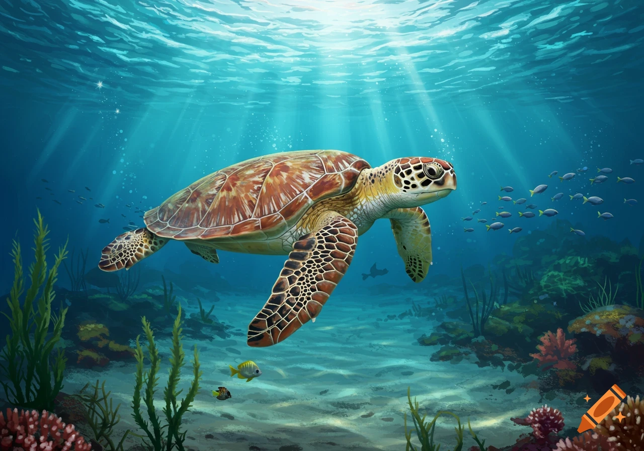 A detailed illustration of a sea turtle swimming in bright blue ocean water with sunbeams, above a colorful coral reef.