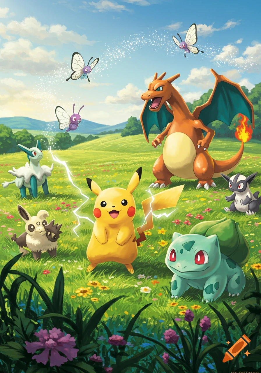 Pikachu, Charizard, Bulbasaur, and other Pokemon in a sunny, green field with flowers under a blue sky.