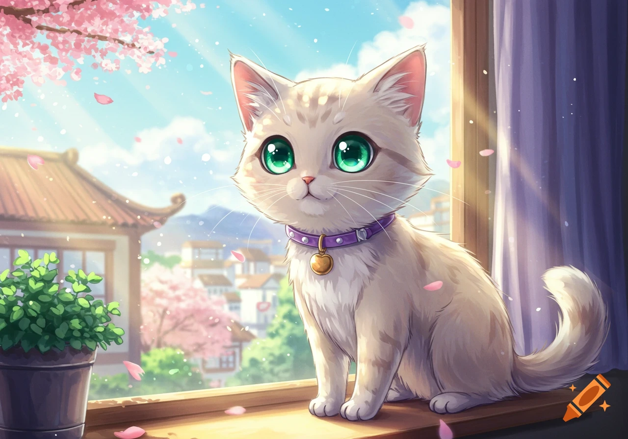 An anime-style cat with large green eyes and a purple collar sits on a windowsill, looking out at a sunny, cherry blossom-filled Japanese landscape.
