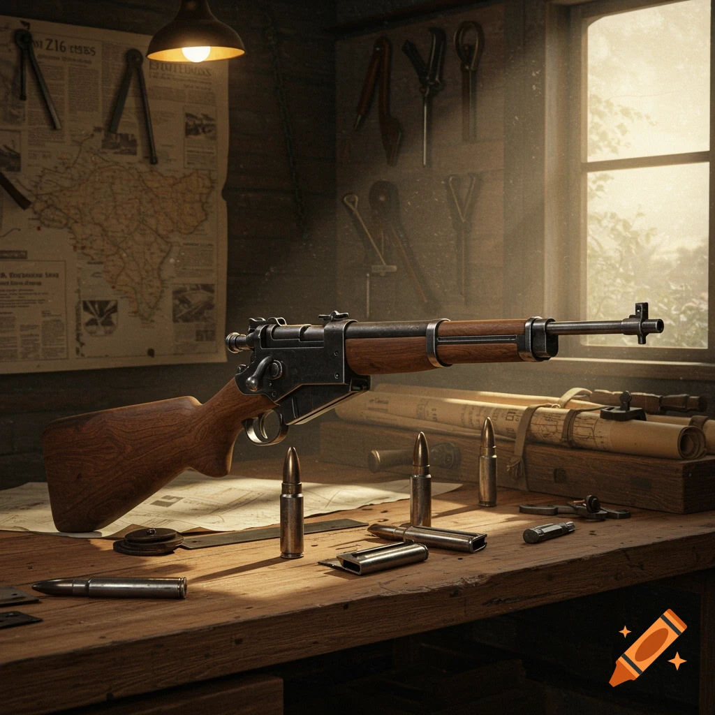 Photorealistic image of a vintage rifle and bullets on a wooden workbench, with a map and tools in the background.
