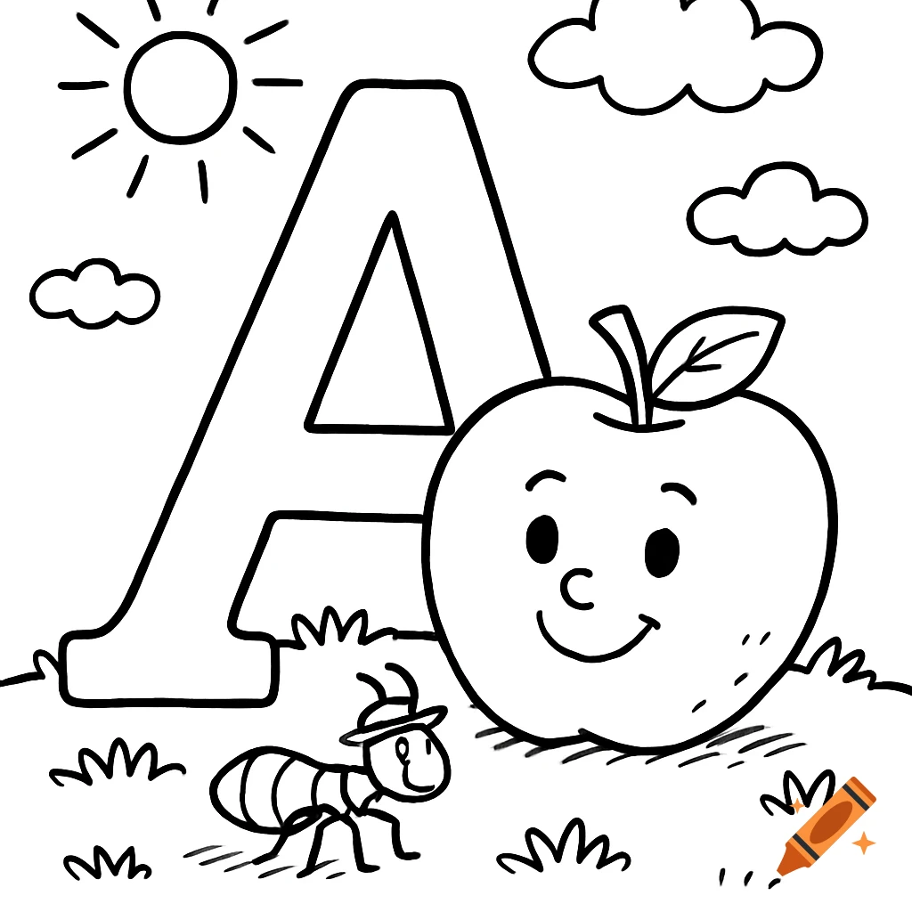 Black and white coloring page featuring a large letter A, a smiling apple, an ant in a hat, a sun, and clouds.