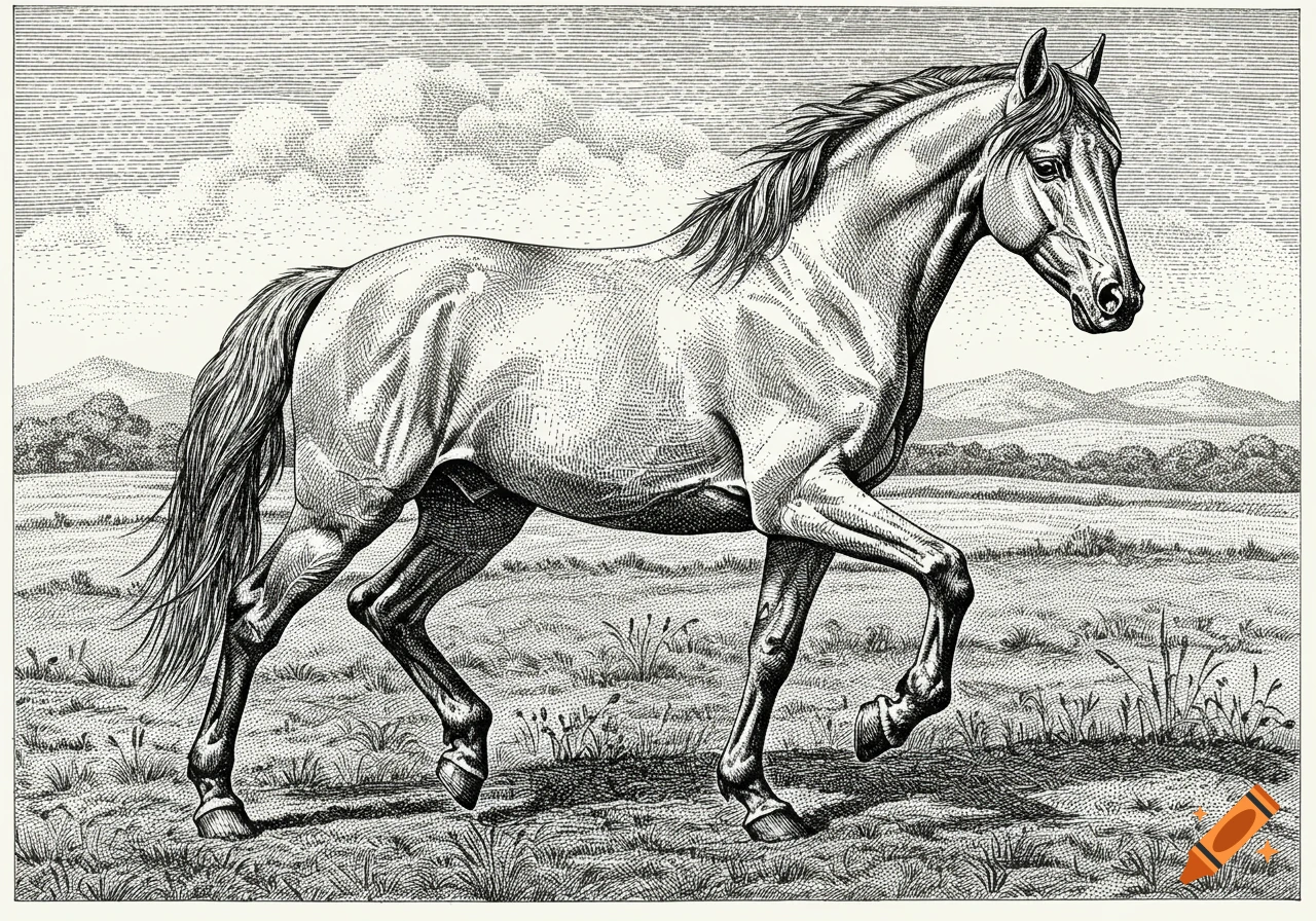 A cross-hatched illustration of a horse trotting through a grassy field with mountains and clouds in the background.