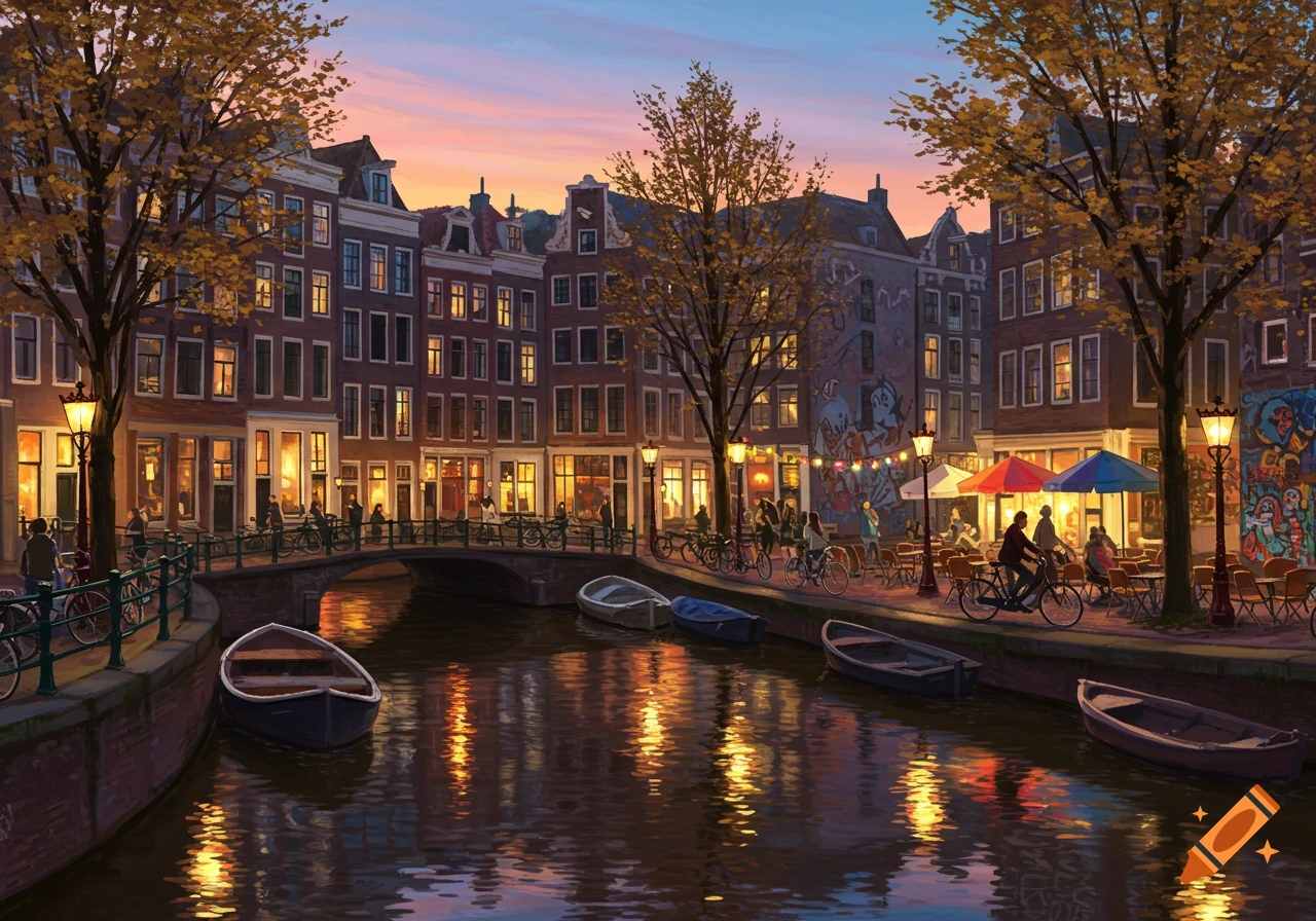 Vibrant painting of an Amsterdam canal at dusk, with illuminated historic buildings, boats, people, and reflections on the water.