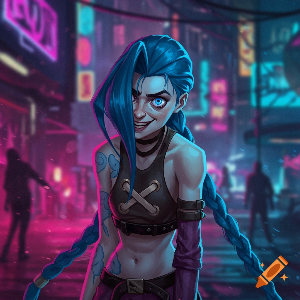 Stylized depiction of Jinx from Arcane with long blue braids, mischievous grin, and glowing eyes in a neon city.