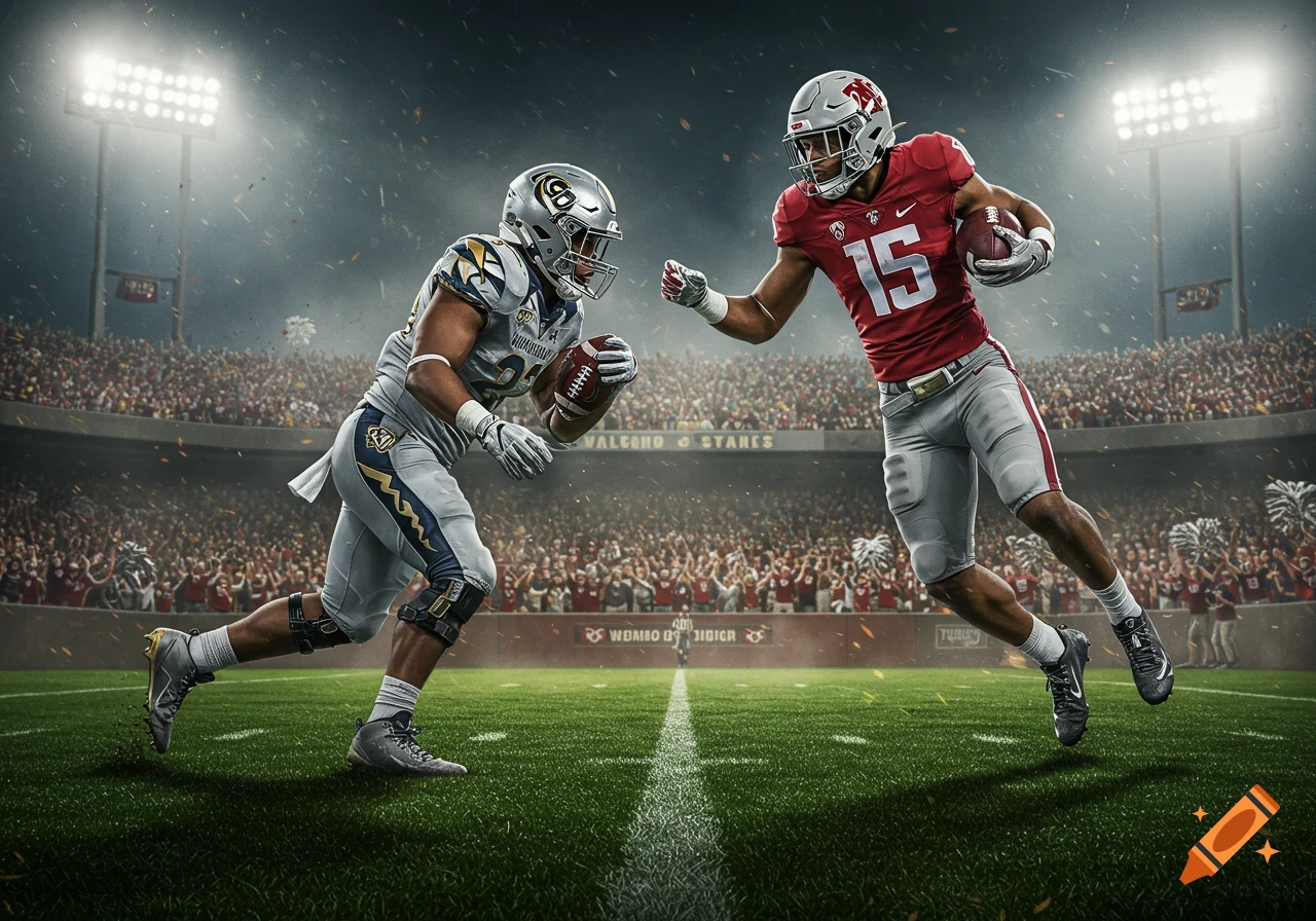 Photorealistic image of two football players, one in red and one in silver, running on a green field in a stadium during a game.