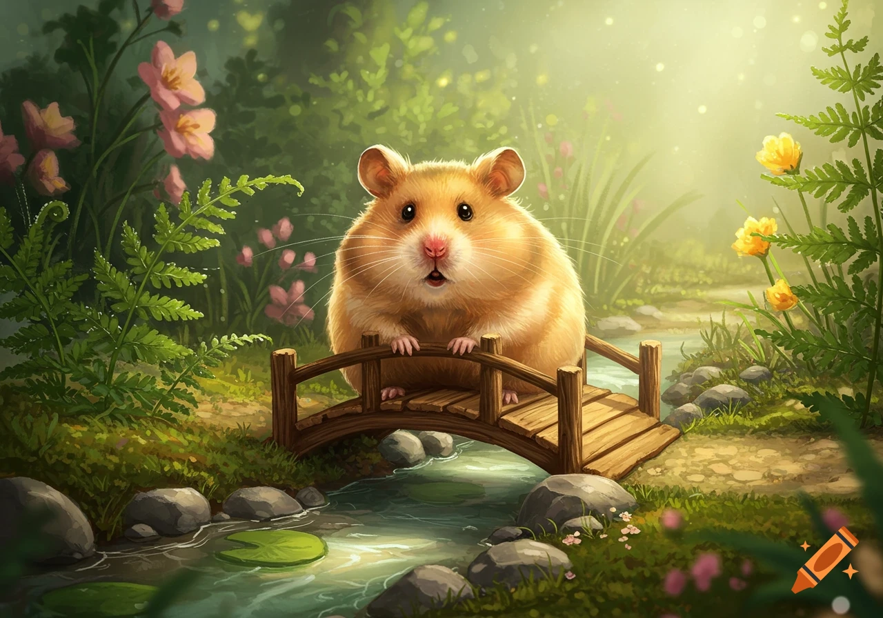 A fluffy, golden-brown hamster with wide eyes stands on a small wooden bridge over a stream in a whimsical, lush green forest with pink and yellow flowers.