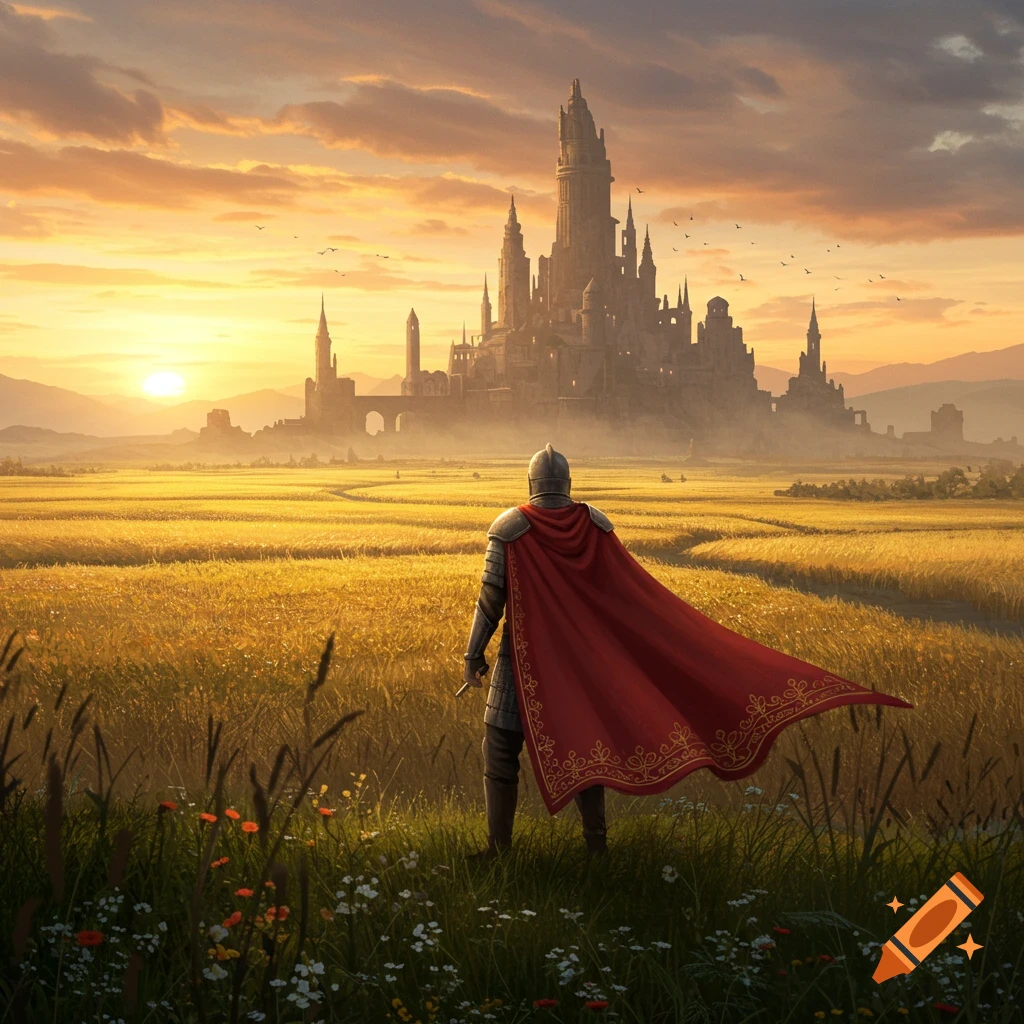 A warrior in armor and a red cape stands in a golden field, looking towards a large fantasy castle at sunset.
