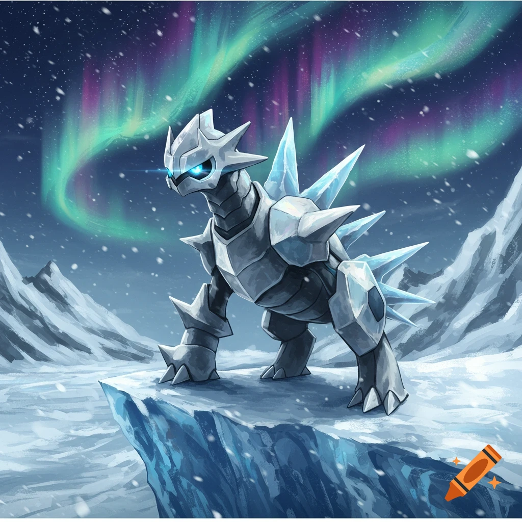 A steel- and ice-armored creature resembling a Pokemon stands on a snowy cliff under a green and purple aurora.