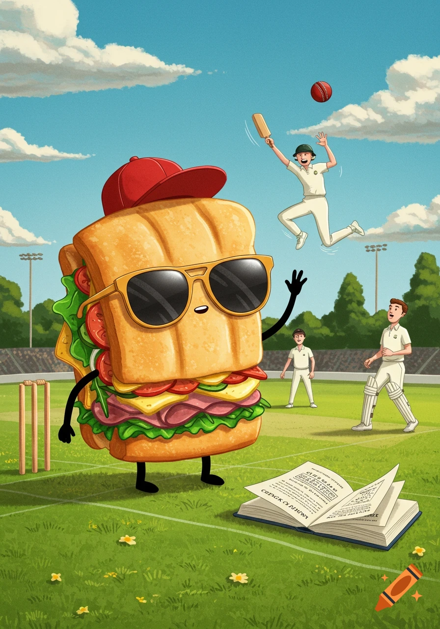 A cartoon panini sandwich with sunglasses and a red cap stands on a sunny cricket field, with players playing cricket in the background.