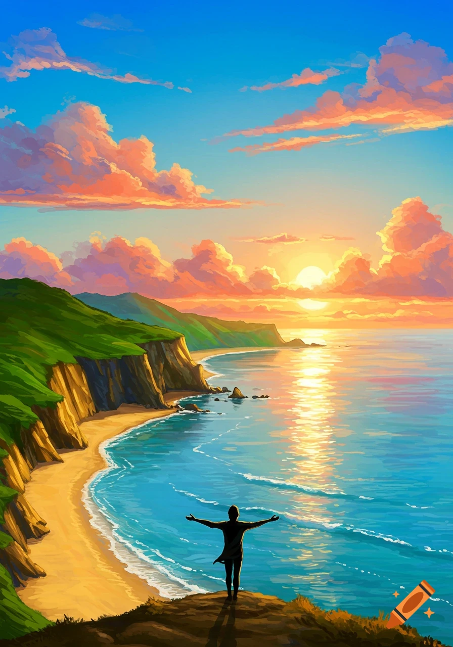 Illustration of a person standing on a cliff, arms outstretched, watching a vibrant sunset over an ocean and sandy beach.