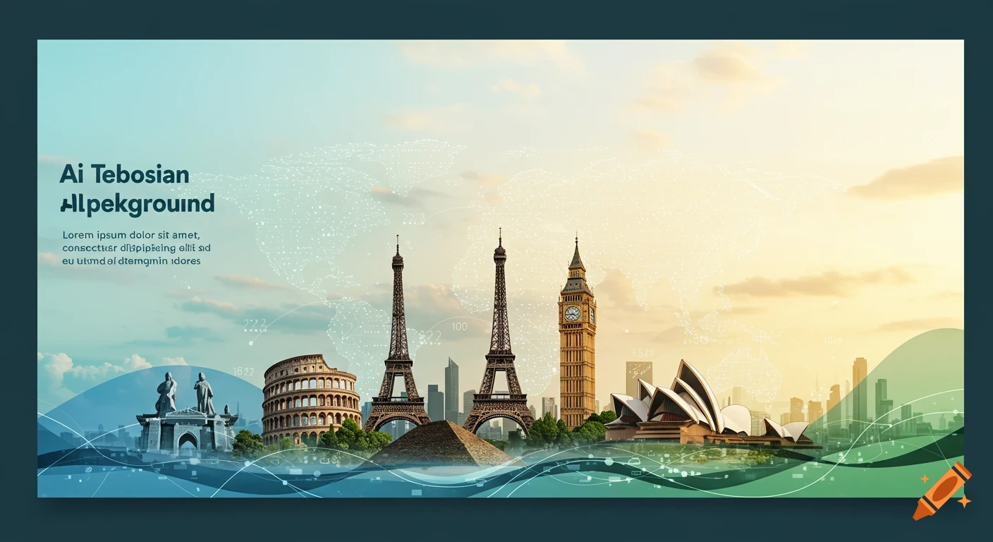 Horizontal banner with world landmarks including Eiffel Towers, Big Ben, Colosseum, Sydney Opera House, and pyramids, under a gradient sky with a global map overlay and abstract shapes.