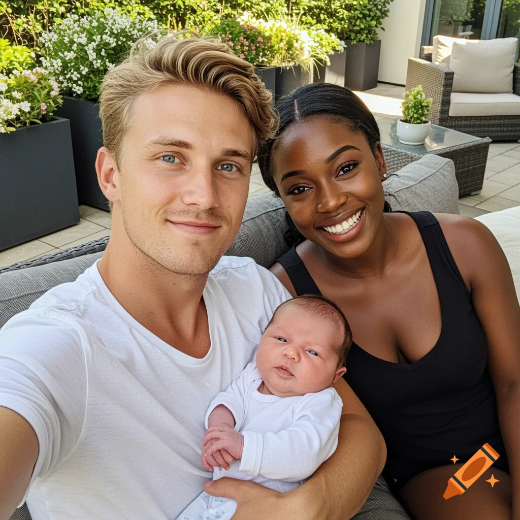 A smiling white man with blonde hair holds a newborn baby while sitting on a patio couch next to a smiling Black woman.
