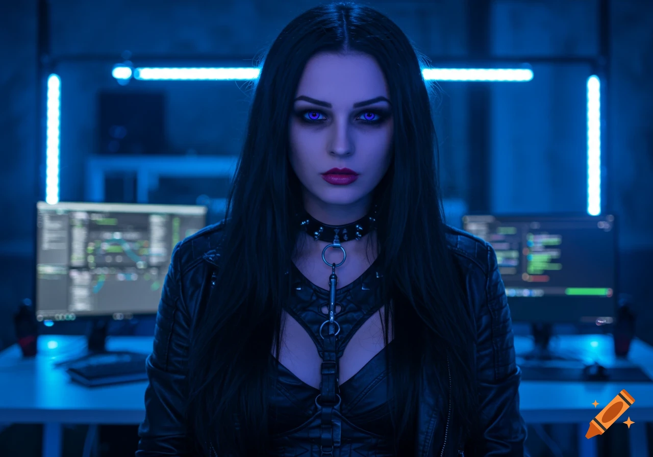 A woman with long black hair, purple eyes, and red lipstick wears a black leather jacket and harness, standing in a blue-lit room with computer monitors showing code.