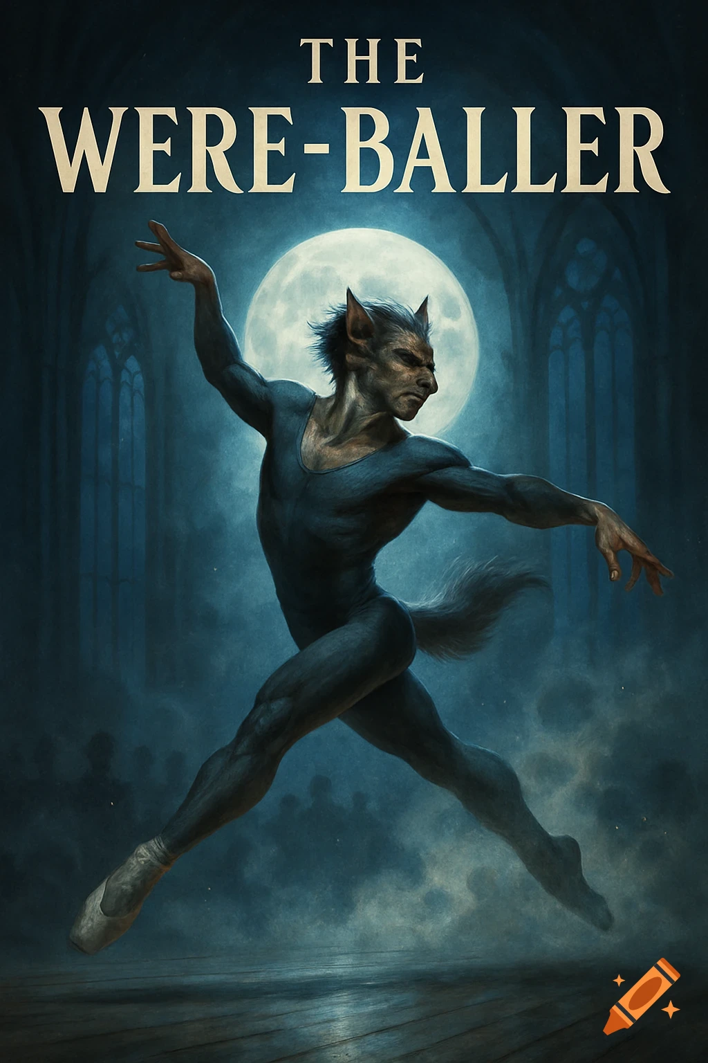 A werewolf dancer in a dark leotard and pointe shoes leaps under a full moon with gothic windows. Text: The Were-Baller.