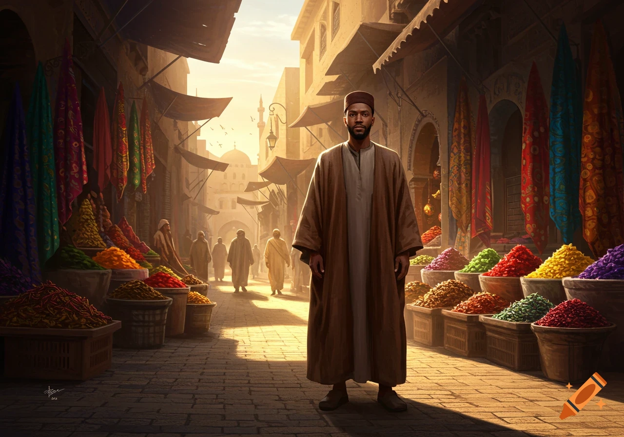 A man in brown robes and a cap stands in a sunlit market street lined with colorful spices, fabrics, and ancient buildings.