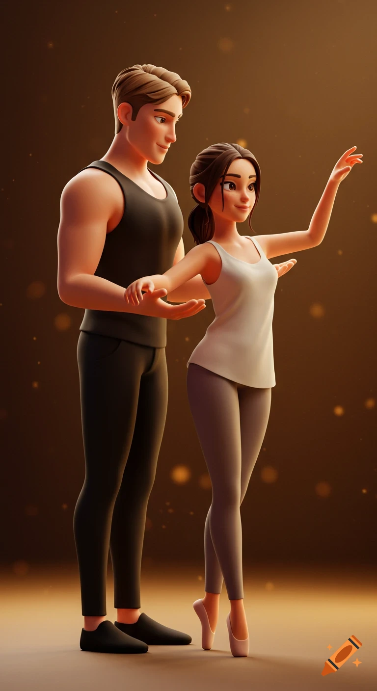 A 3D cartoon man guides a woman in a graceful dance pose in warm golden lighting.