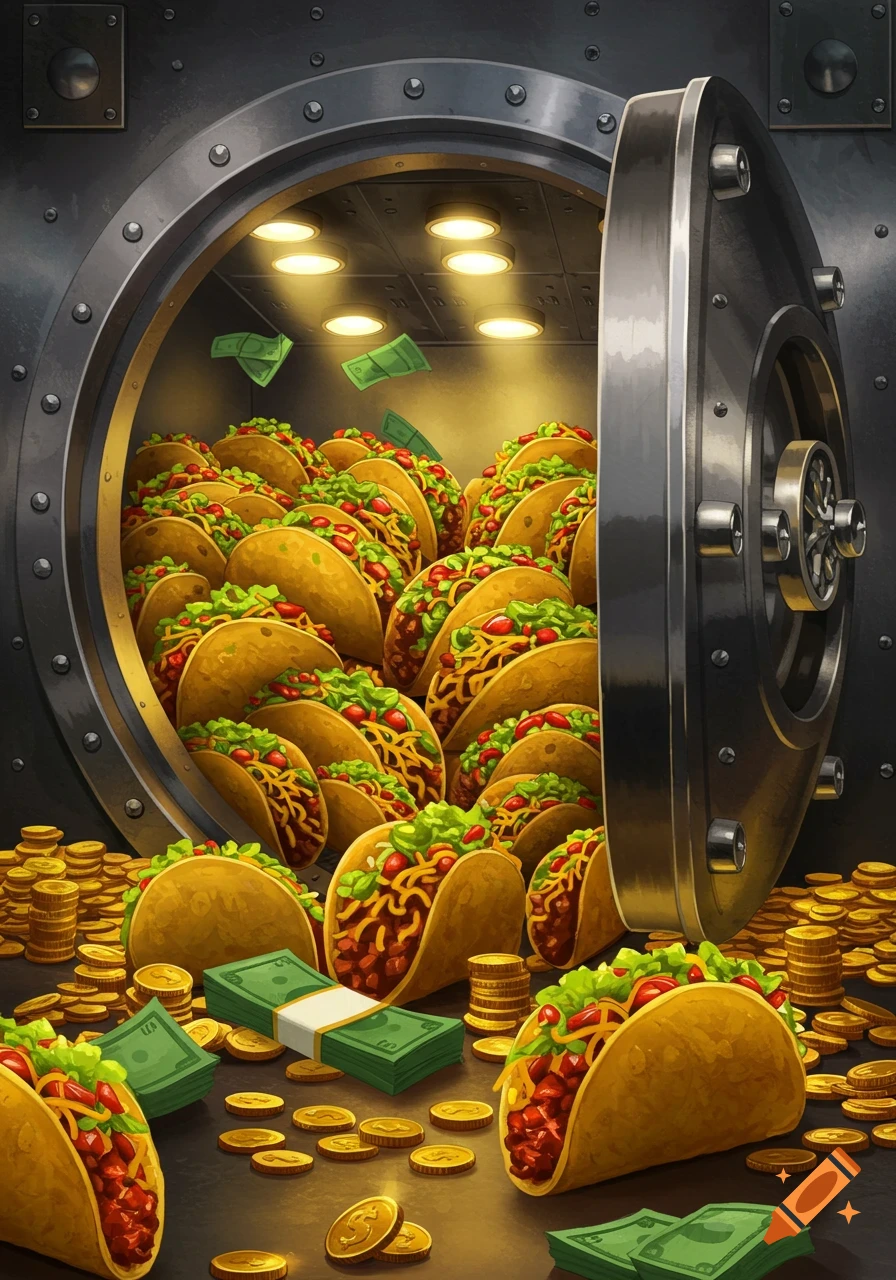 An open bank vault overflowing with tacos, money bills, and gold coins spilling out onto the floor in an illustrative style.