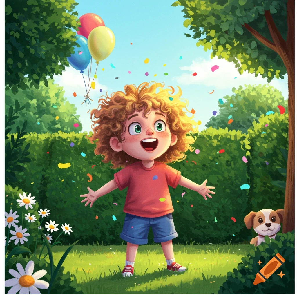 A joyful child with curly red hair stands amidst falling confetti in a sunny park with balloons and a peeking dog.