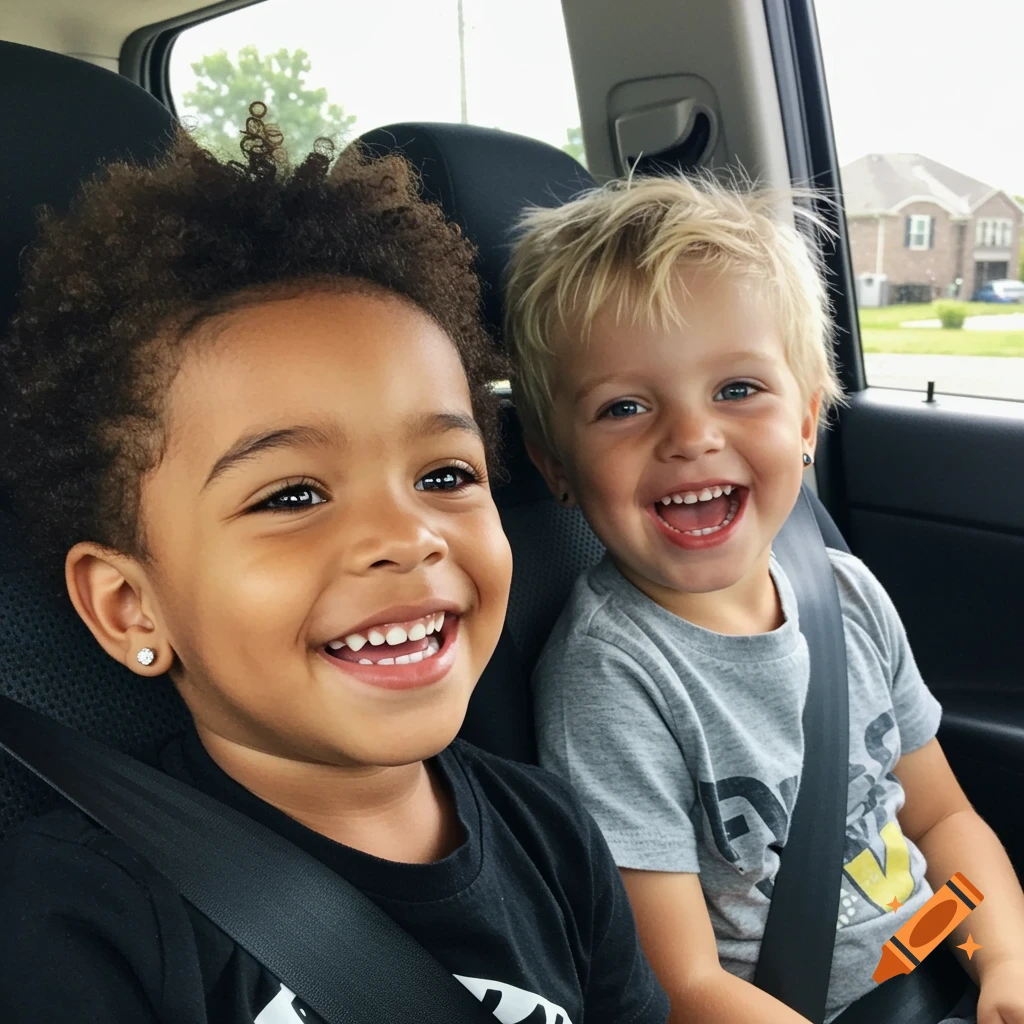 Two smiling young boys, one with dark curly hair and one with blonde hair, sitting in car seats.