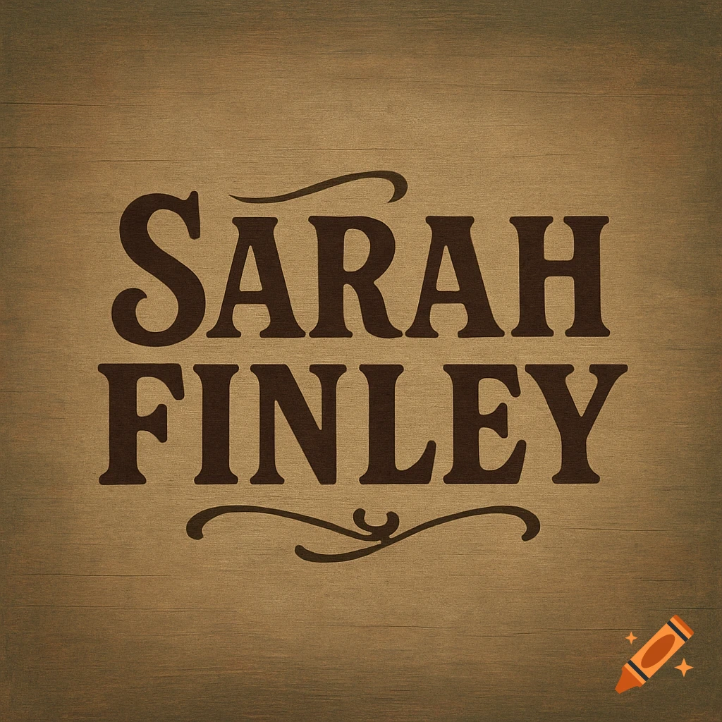 The name 'Sarah Finley' in a rustic brown font on a textured wooden background, styled like a logo.