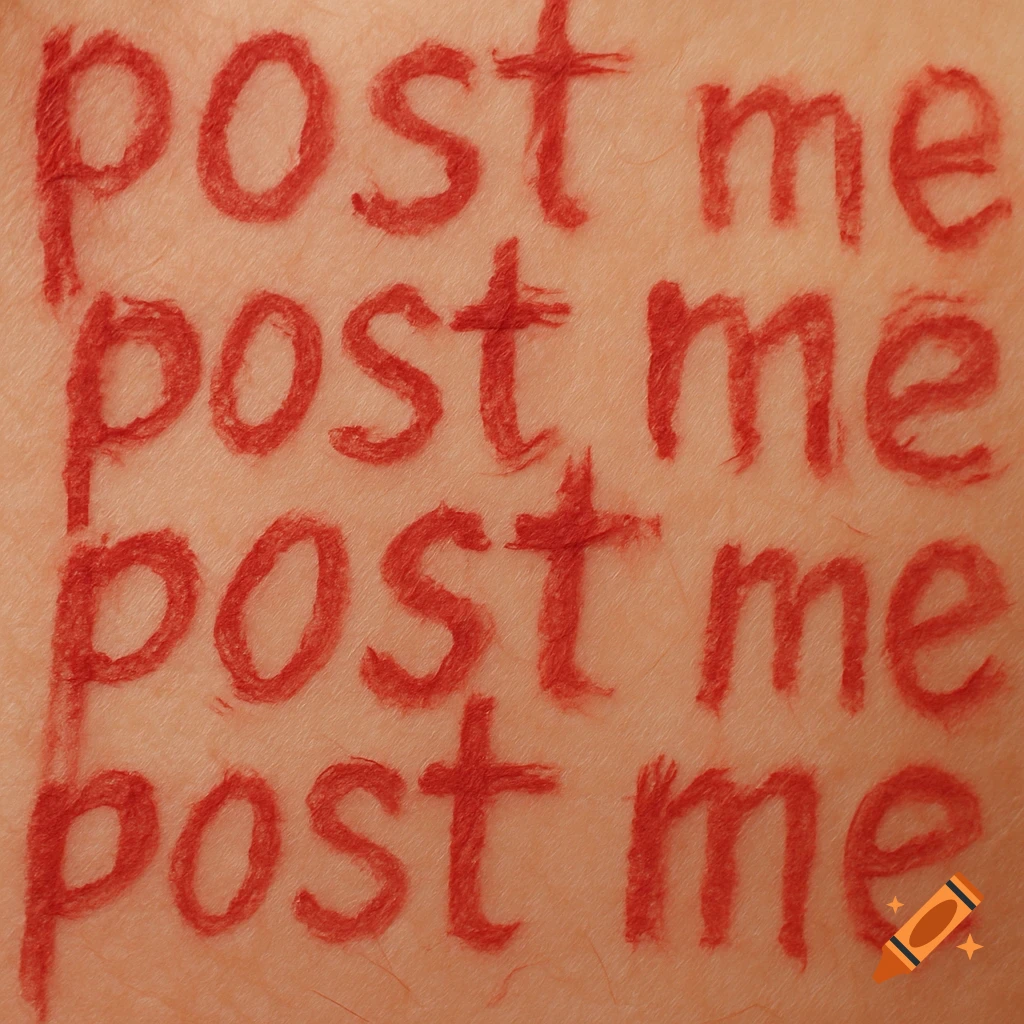 The words 'post me' written repeatedly in red lipstick on light-toned human skin.