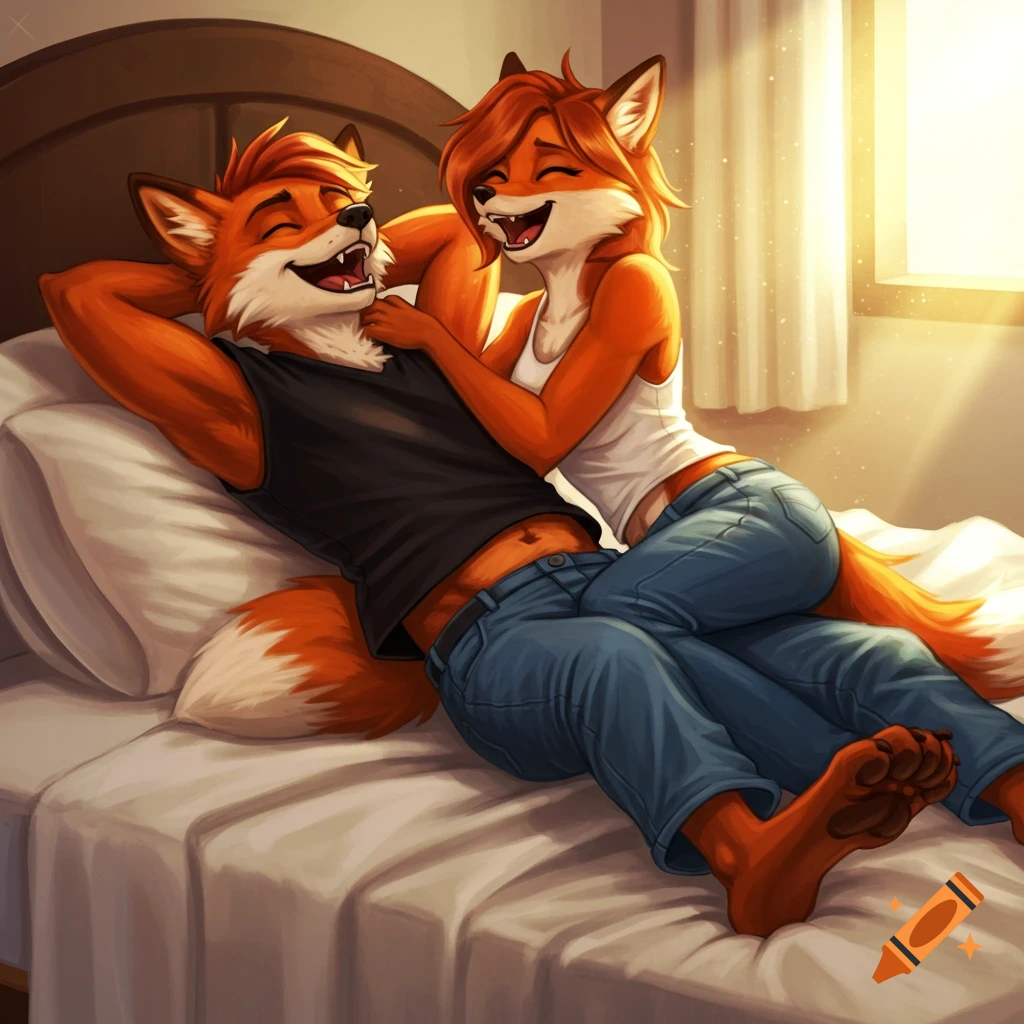 Animated male and female fox characters laughing on a bed as the female tickles the male.