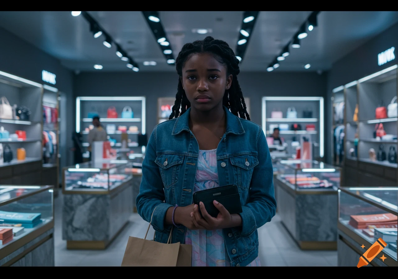 A sad-looking Black teenage girl in a denim jacket holds a wallet and shopping bag in a brightly lit retail store.