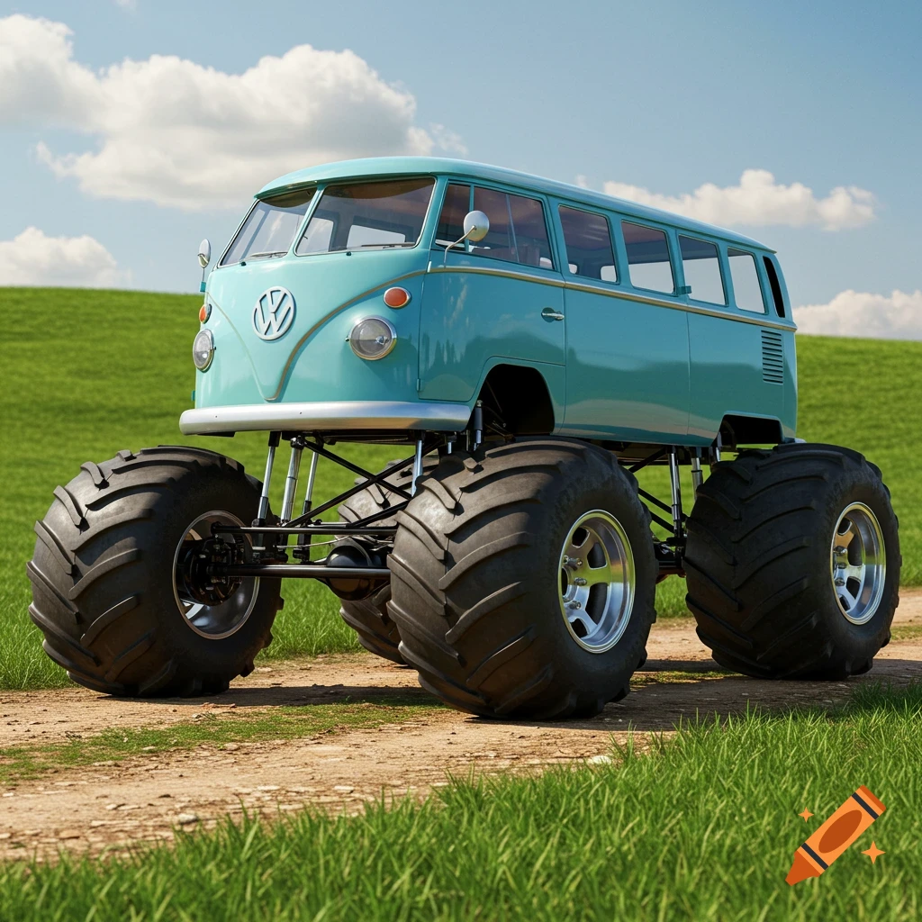 A light blue Volkswagen van monster truck with huge tires drives on a dirt path through a vibrant green field under a blue sky.