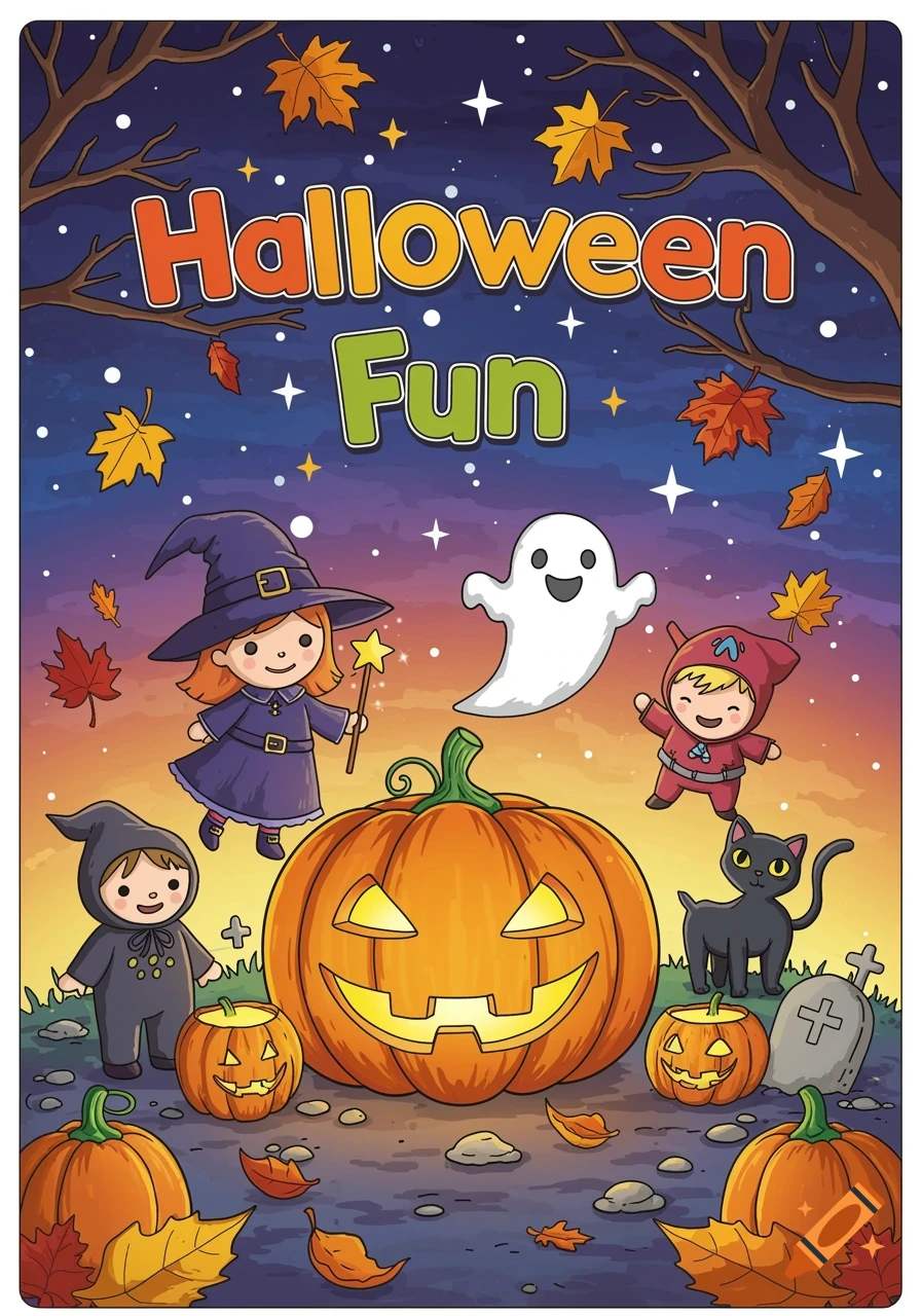 Cartoon Halloween illustration with 'Halloween Fun' text, a witch, kids in costumes, ghost, jack-o'-lanterns, and a black cat.
