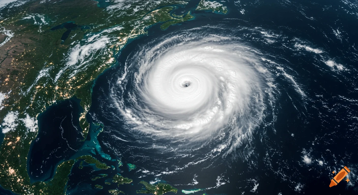 A massive, swirling white hurricane viewed from space, with visible landmasses of the illuminated North American East Coast and Caribbean islands.