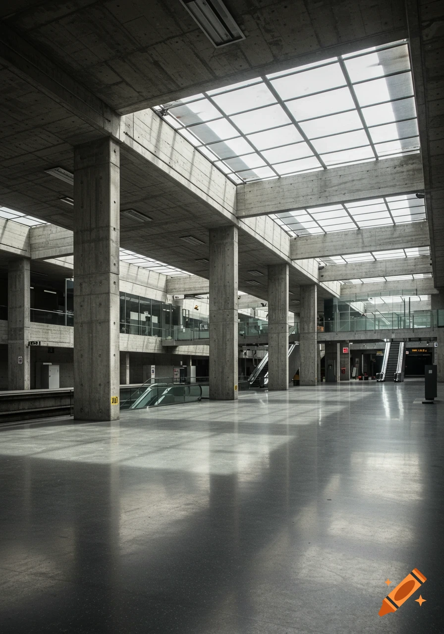 An empty brutalist train station interior with concrete pillars, a skylight, and escalators, captured in a photorealistic style.