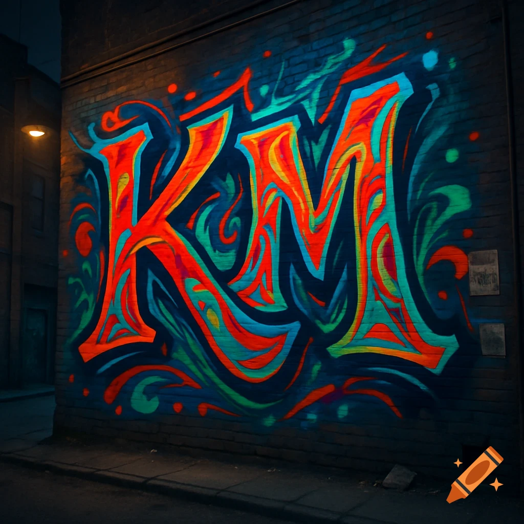 Vibrant red, orange, and blue 'KM' graffiti tag on a dark brick wall at night, illuminated by a street lamp.