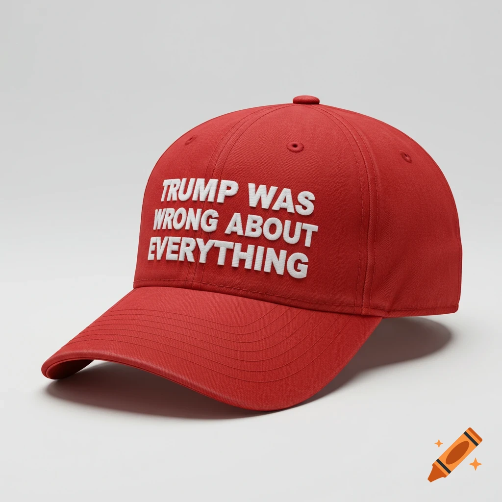 A photorealistic red baseball cap with the white text 'TRUMP WAS WRONG ABOUT EVERYTHING' printed on the front.