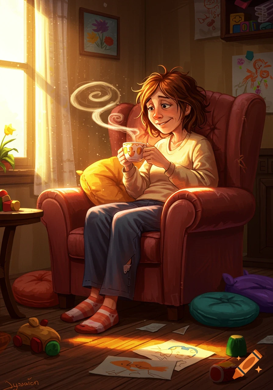 A woman with messy hair in a red armchair sips a steaming mug, surrounded by children's toys and drawings in warm sunlight.