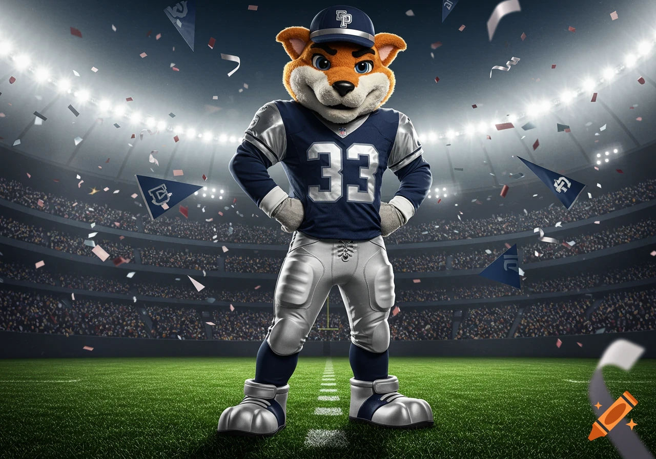 A suave cartoon fox football mascot in a blue jersey with '33' and white pants stands on a stadium field with confetti.
