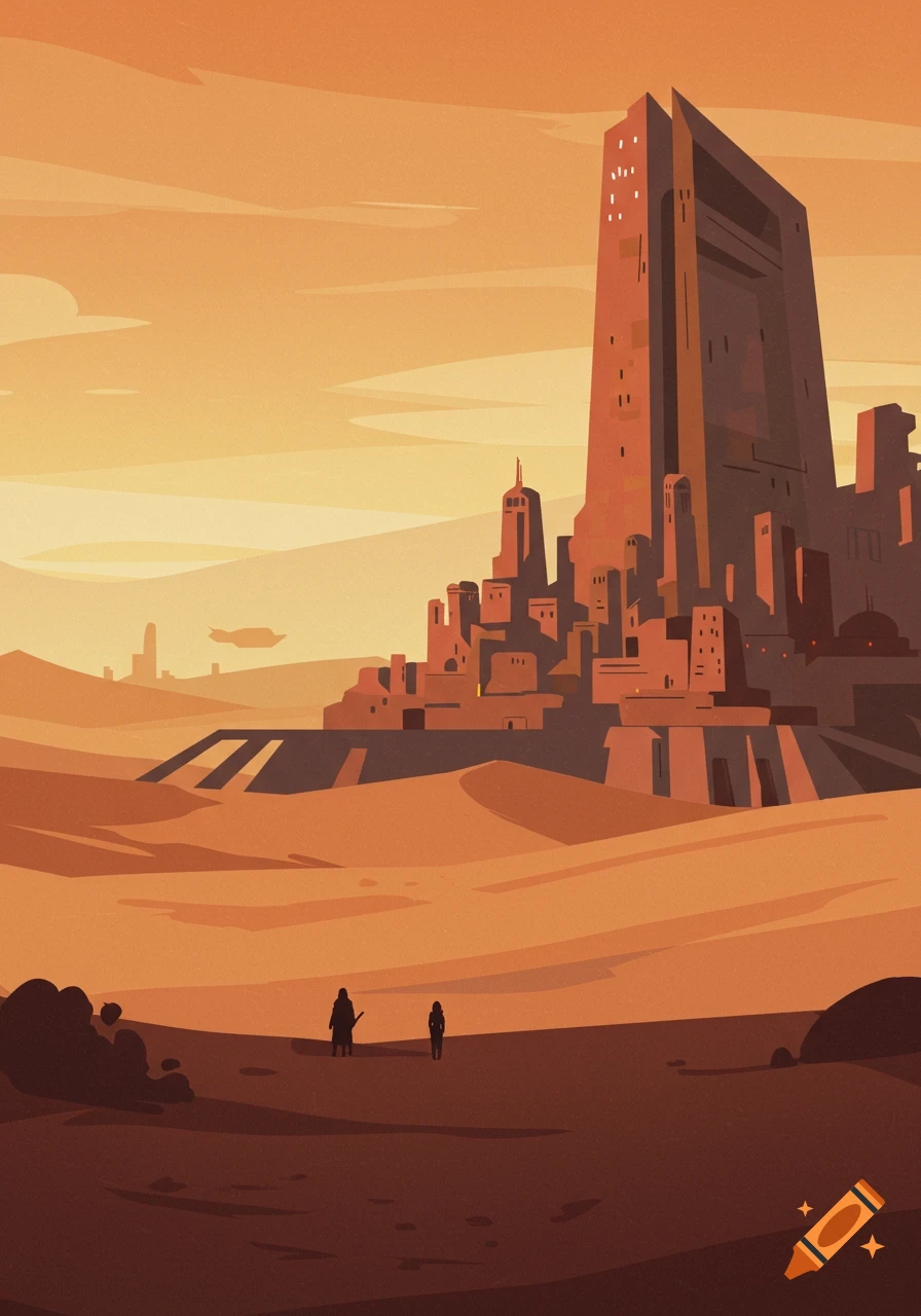 Stylized desert landscape with a futuristic city and a tall building under an orange sky. Two silhouetted figures walk in the foreground.