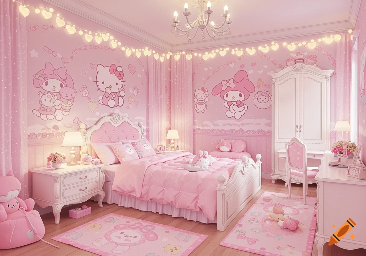 A cute, pastel pink bedroom featuring Sanrio characters on the walls and rugs, with elegant white furniture and heart-shaped string lights.