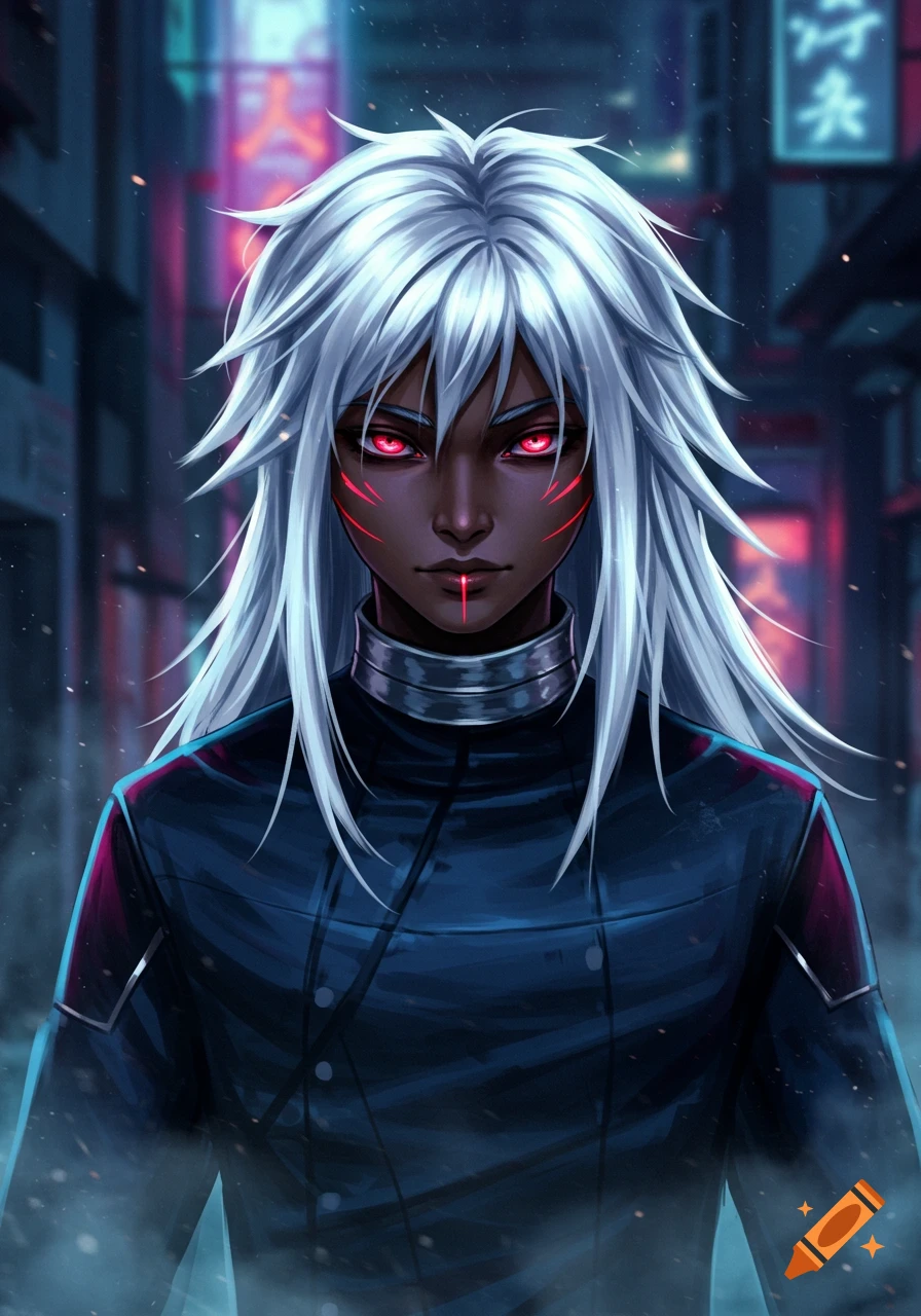Anime character with dark skin, white spiky hair, glowing red eyes, and red facial markings in a neon-lit cyberpunk city.