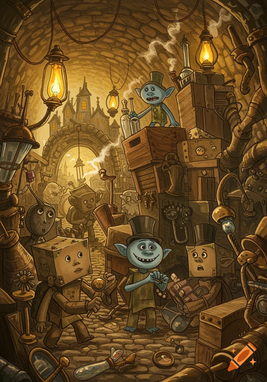 Whimsical illustration of blue-skinned and box-headed creatures in a cluttered, steampunk-style underground city street with lanterns and machinery.