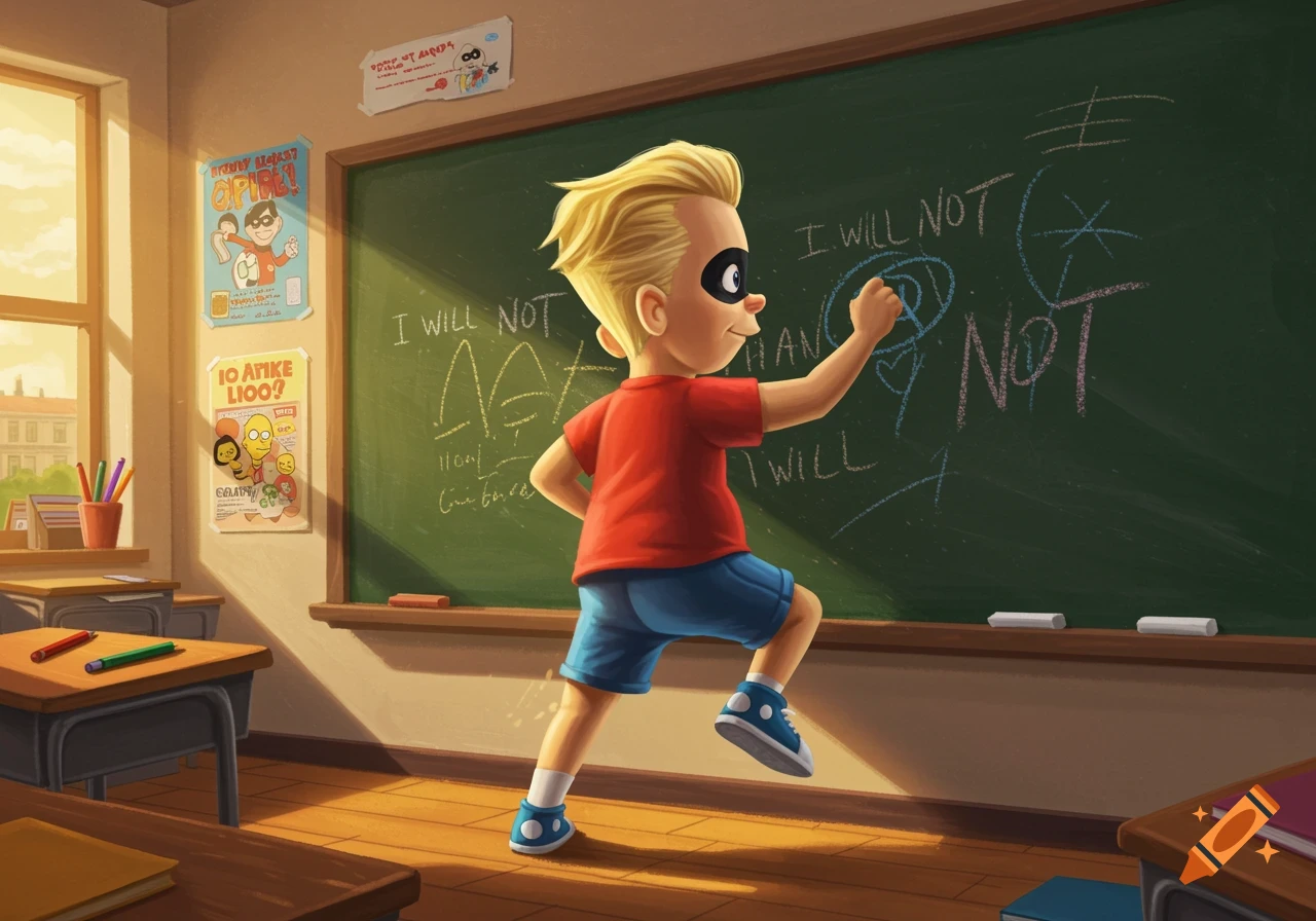 A cartoon boy with blonde hair and a black eye mask, wearing a red shirt and blue shorts, writes "I WILL NOT" on a green chalkboard in a classroom.